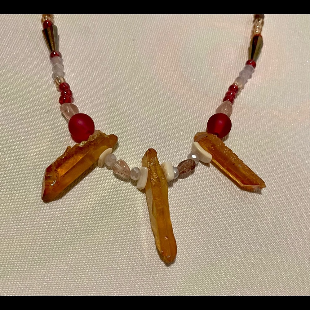 Handmade Red, Pink, & Gold Crystal & Beaded Statement Necklace - Picture 1 of 5
